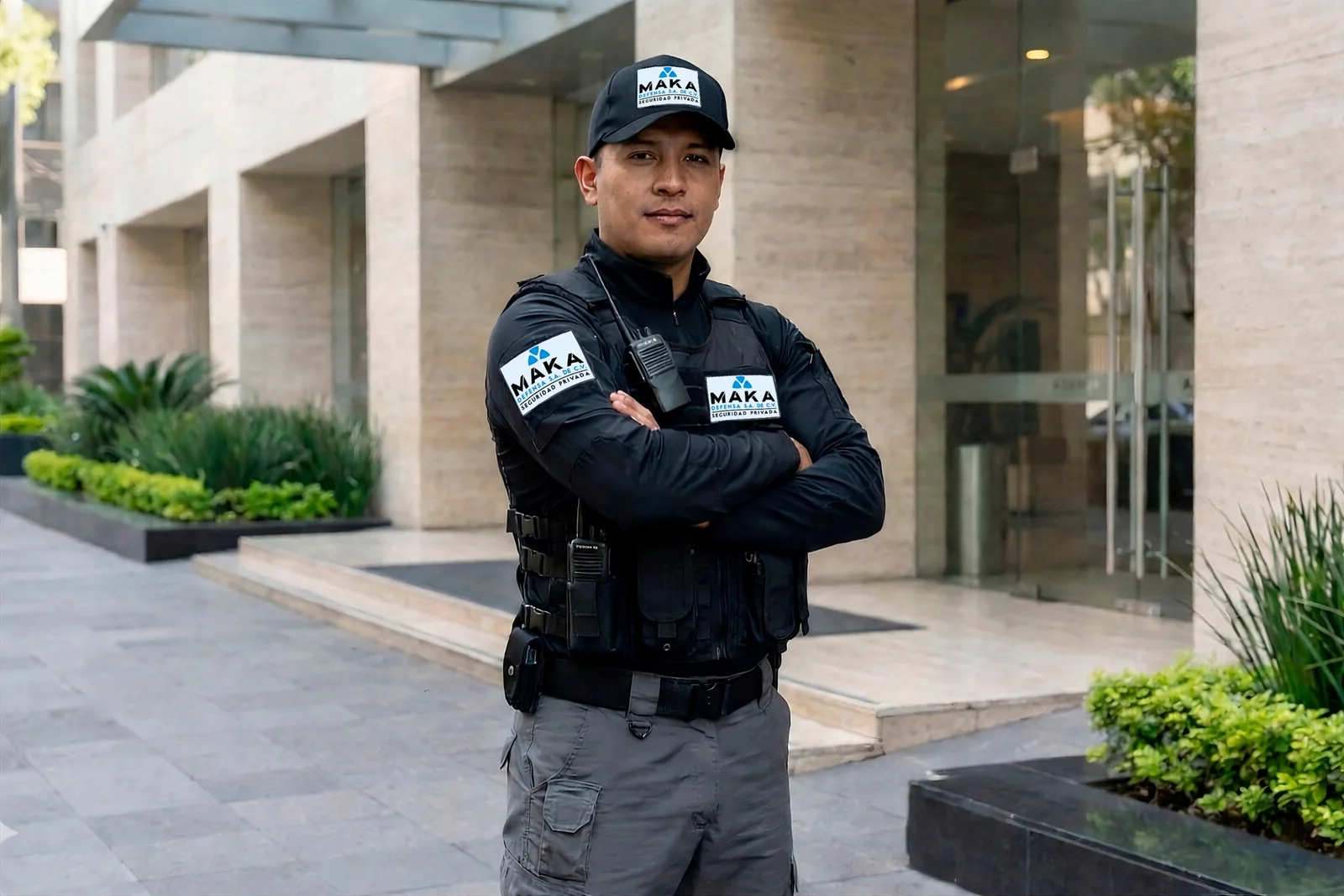 Guardia de seguridad privada MAKA Defensa uniformado frente a edificio corporativo